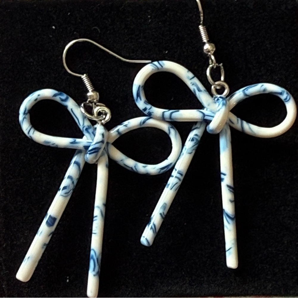Blue and White Bow Earrings